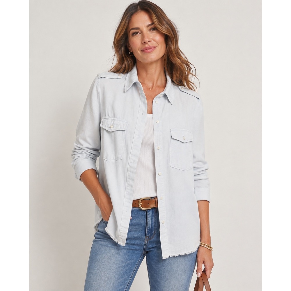 Zara Woman Premium Denim Light Blue Pearl Button Military Shirt Medium M Boho